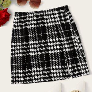 Plaid Black & White Stretch Mini Slit Skirt 2XL